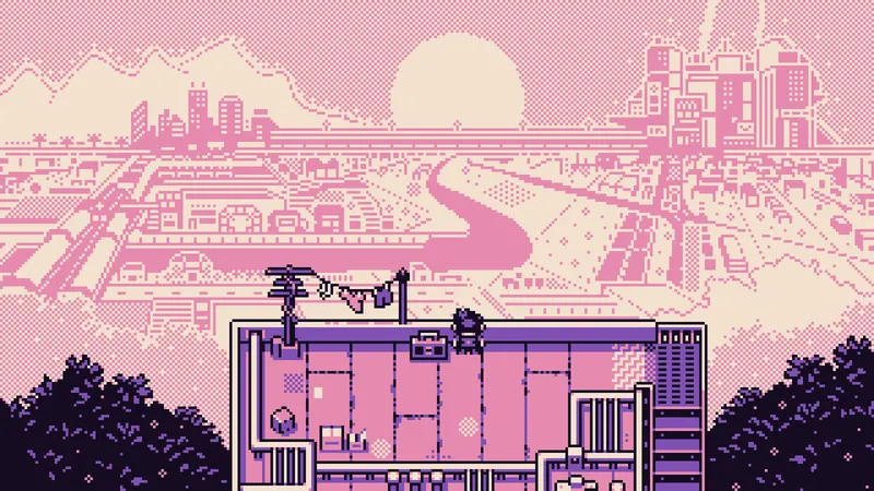 A pink pixel-art solarpunk city skyline in Petal Runner