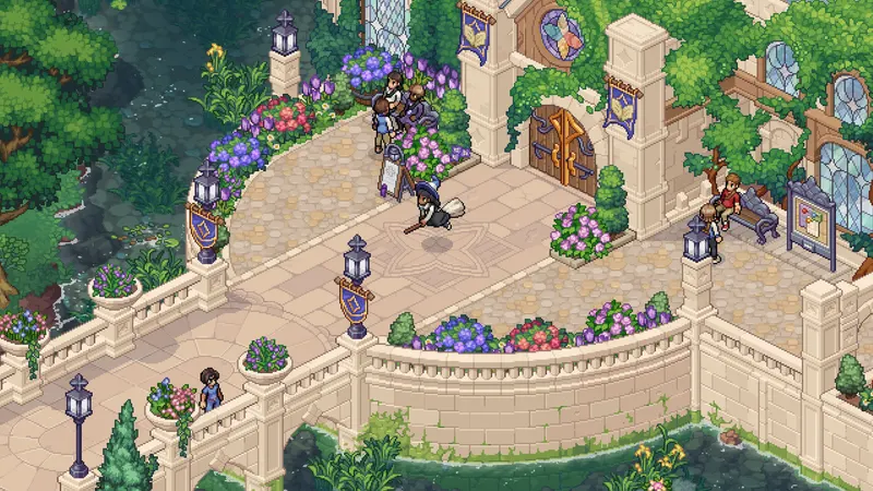 Students walking through a flower-filled college courtyard in Witchbrook