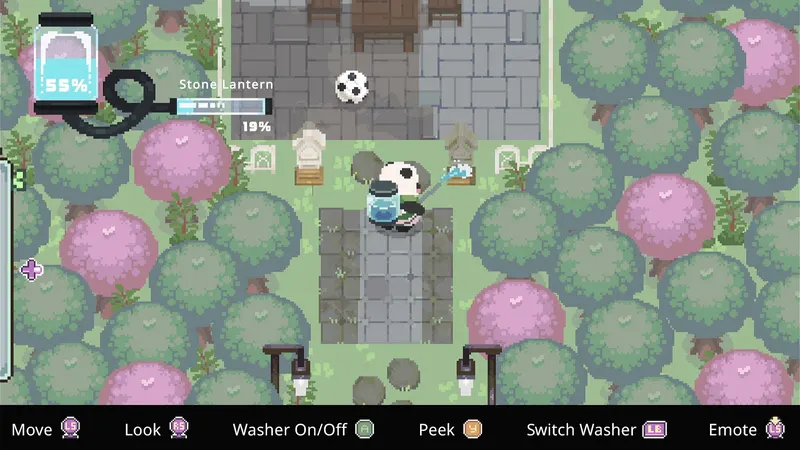 A panda pressure washing a stone path in Bao Bao's Cozy Cleaning Services