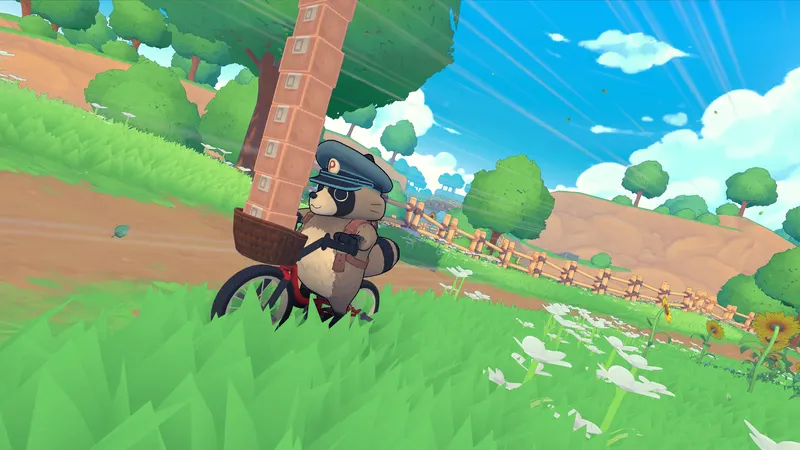 A tanuki riding a BMX through green countryside in Tanuki: Pon's Summer
