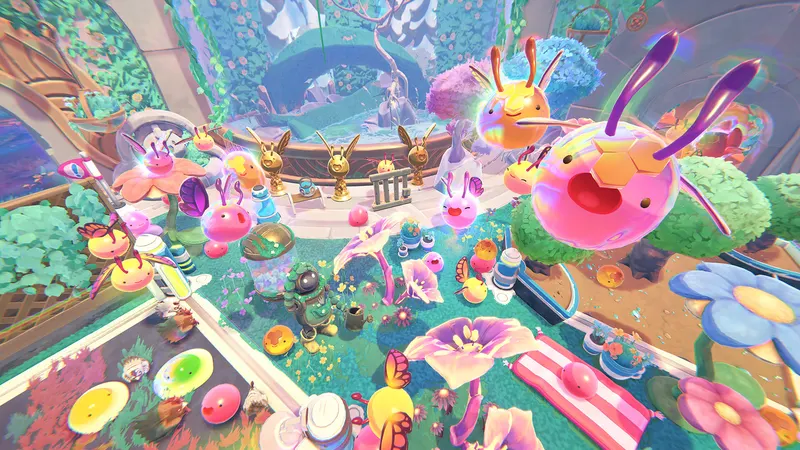 Colourful slimes among giant flowers in Slime Rancher 2