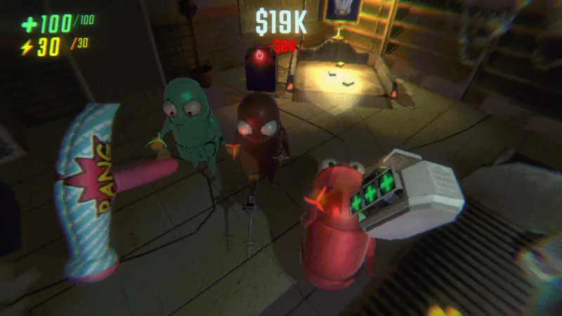 Cartoon robots carrying loot through a dim room in R.E.P.O.