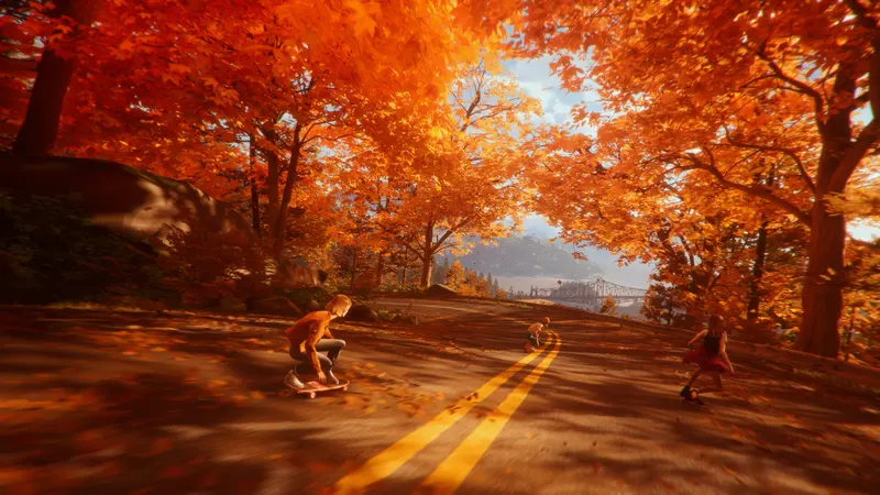 Teenagers skating down a road lined with autumn trees in Mixtape