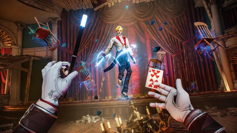 A magician floating above a theatre stage in Magicians: The Devil's Deal