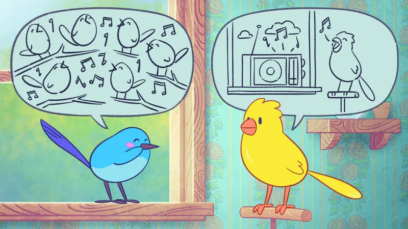 Two cartoon birds singing in Bits & Bops