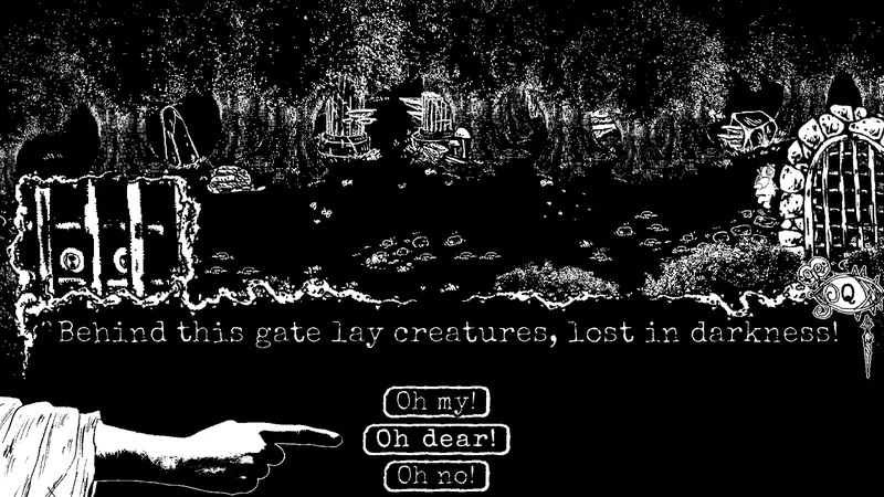 A black and white hand-drawn scene with a gate in Key Fairy
