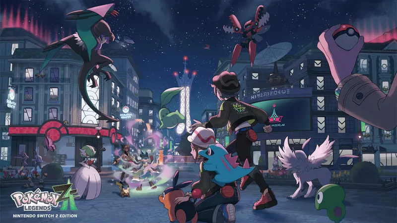 Trainers and Pokémon in a night-time Lumiose City in Pokémon Legends: Z-A artwork