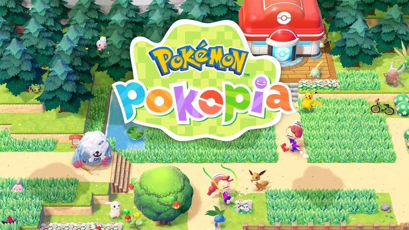 Pokémon Pokopia logo over a cosy town with Pokémon and a Pokémon Center