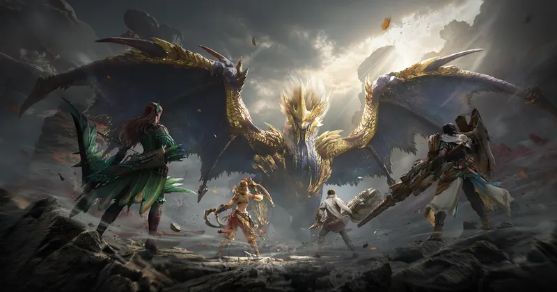 Hunters facing a huge winged monster in Monster Hunter Outlanders artwork