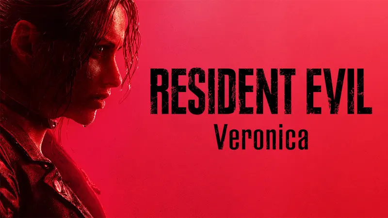 A red-haired woman in profile beside the Resident Evil Veronica title on red
