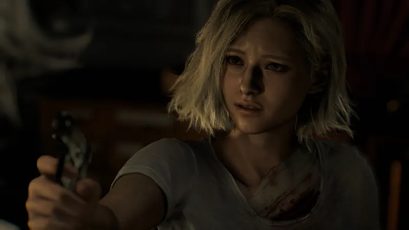 Grace Ashcroft aiming a pistol in a dark room in Resident Evil Requiem