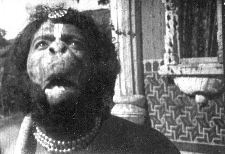 Black and white still of an actor in Hanuman make-up from the 1917 silent film Lanka Dahan