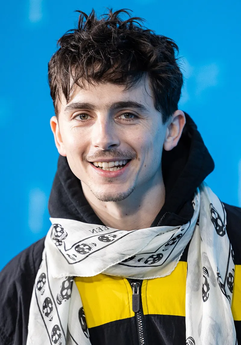 Timothée Chalamet smiling outdoors in a patterned scarf