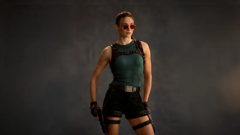 Sophie Turner as Lara Croft in a green tank top with holstered pistols