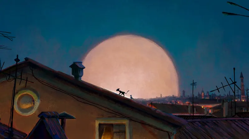 A small black cat on a Venetian rooftop beneath a huge rising moon