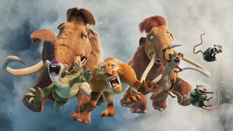 Animated mammoths, a sloth, a sabre-toothed cat and possums leaping through mist