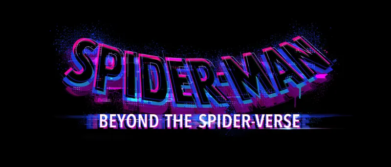 Spider-Man Beyond the Spider-Verse logo in glitchy pink and blue lettering
