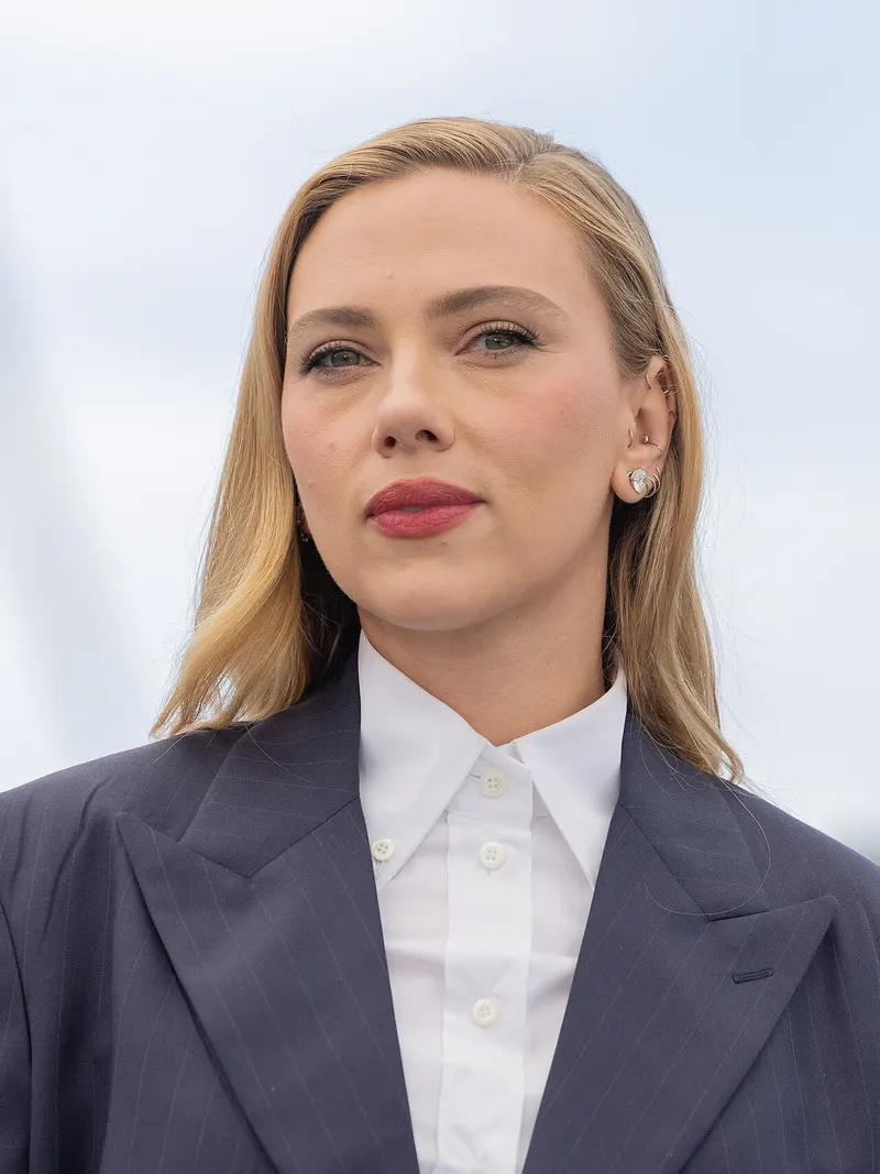 Scarlett Johansson in a grey suit at Cannes