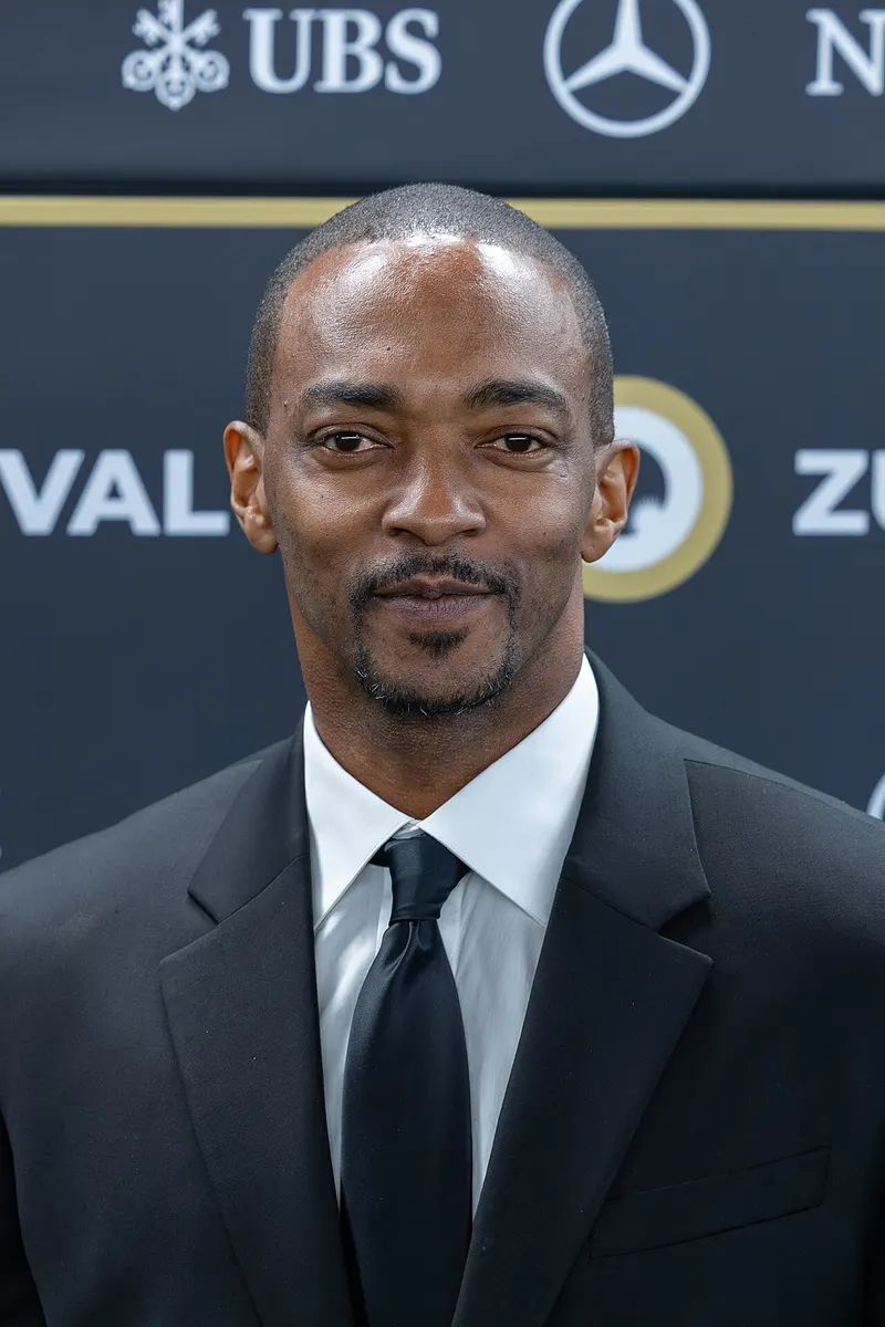 Anthony Mackie in a dark suit on a festival carpet