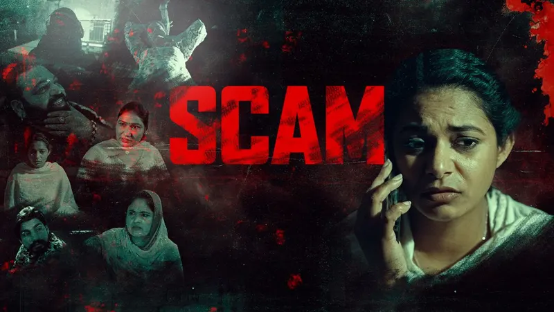 A worried woman on a phone call on the Scam key art